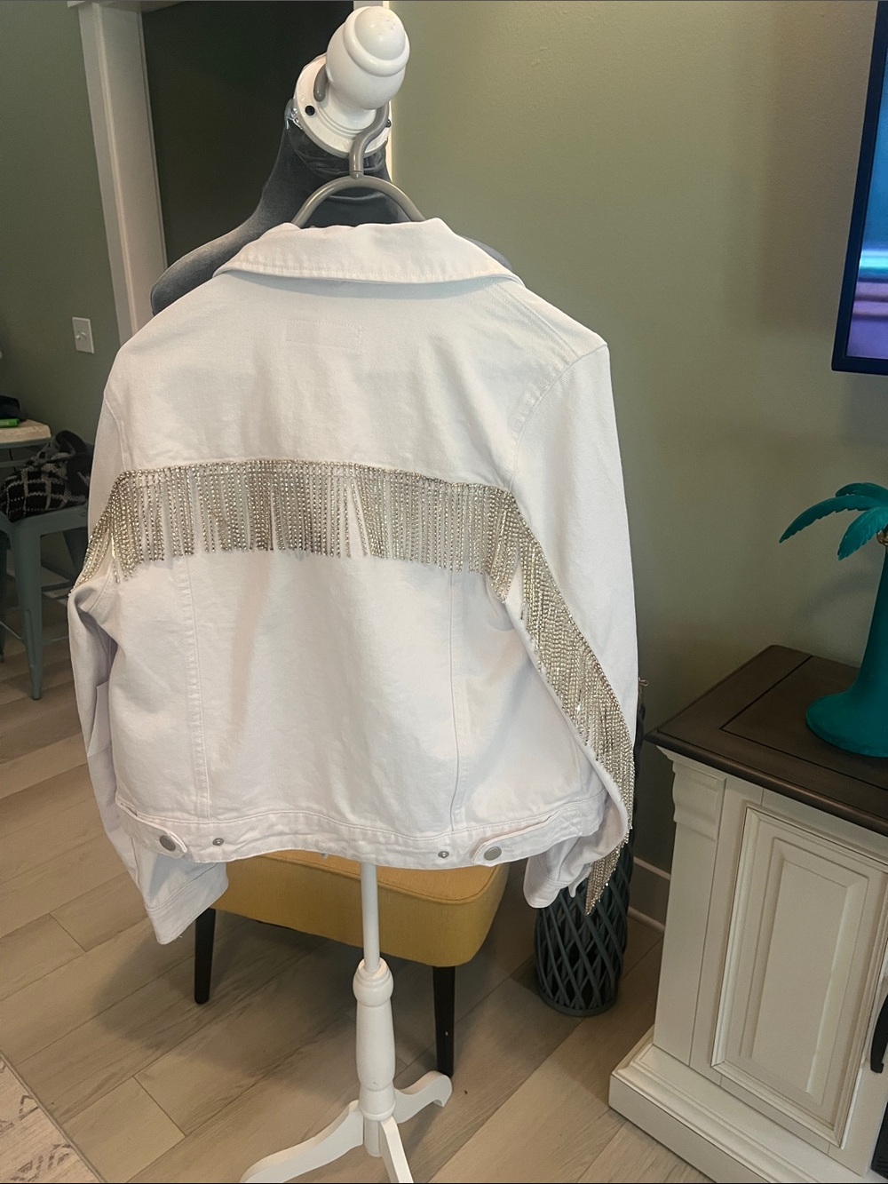 Blank NYC White Women's Denim Jacket with Rhinestone Sleeve Detail - Picture 2 of 9